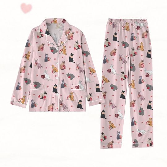 Valentine Cats Pajamas, Cat Lover Pajamas Set, Cat Mom Women Pajamas, Animal Lover Gift, Heart Love Cat Shirt, Gift For Her