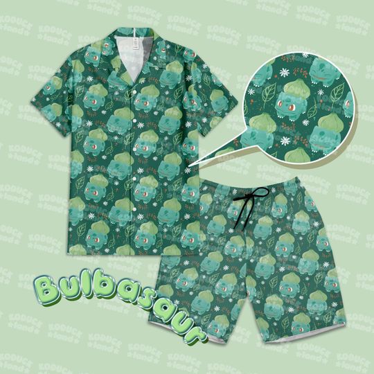 Bulbasaur Hawaiian Set, Bulbasaur Button-Up Shirt, Bulbasaur PKM Shorts, PKM Hawaiian Shirt, Gift for PKM Lover