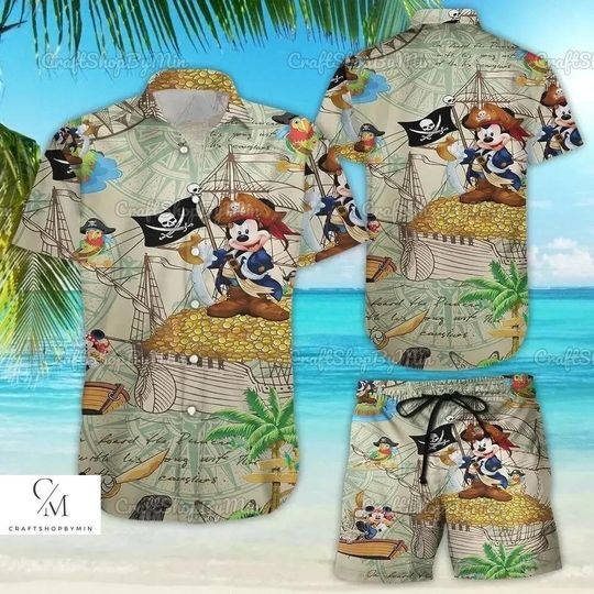 Mickey Mouse Pirate Button Shirt And Shorts, Mickey Swim Shorts, Disney Button Up Shirt, Hawaii Shirt, Summer Vibe Short Sleeve Shirt