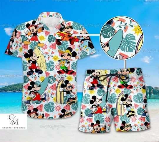 Mickey Mouse Button Shirt And Shorts, Disney Swim Shorts, Disney Mouse Button Up Shirt, Hawaii Shirt, Summer Vibe Short Sleeve Shirt