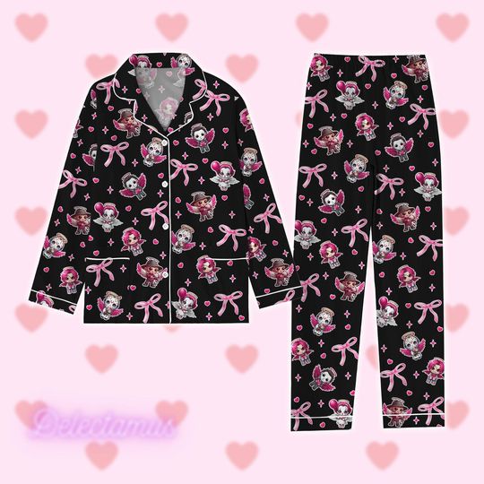 Valentine Horror Pajamas Set, Pink Heart Valentine Horror Shirt, Movie Characters Sleepwear, Valentine Couple Gift, Funny Holiday Pajam