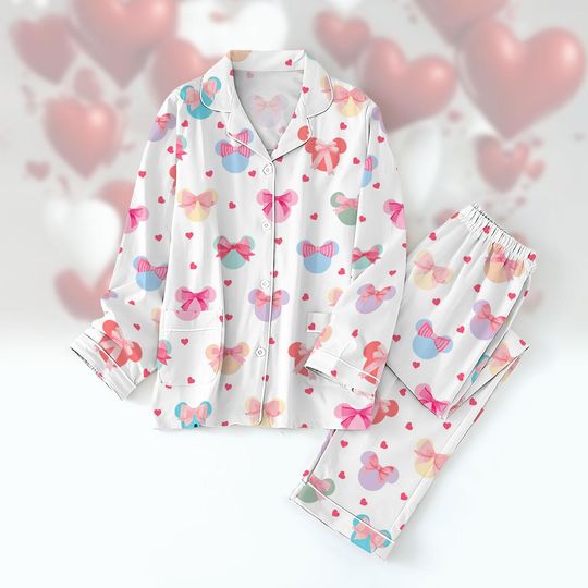 Coquette Bow Valentine Pajamas Set, Heart Coquette Bow Pj Set For Women, Valentine Love Shirt, Pajamas Gift For Couple, Gift for Girlfr
