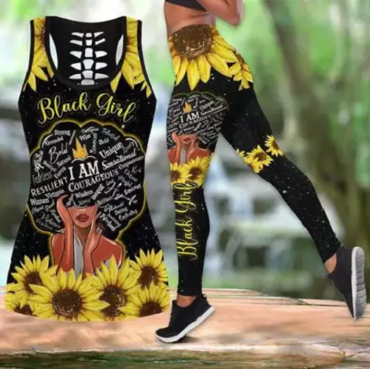 Black is Beautiful Sunflower Hollow Tanktop Leggings Sets