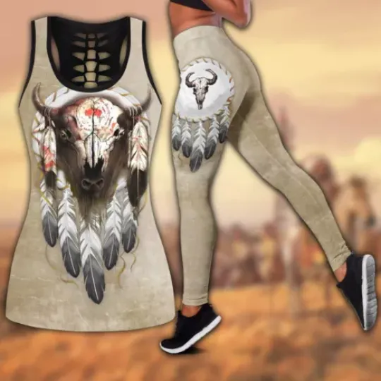 Bison Native American Hollow Tanktop Leggings Sets