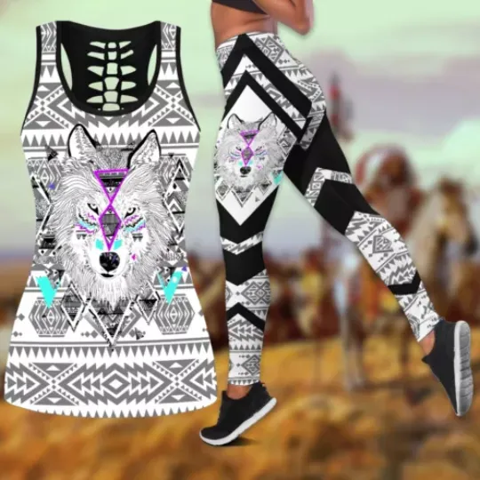 Brocade Wolf Native American Hollow Tanktop Leggings Sets