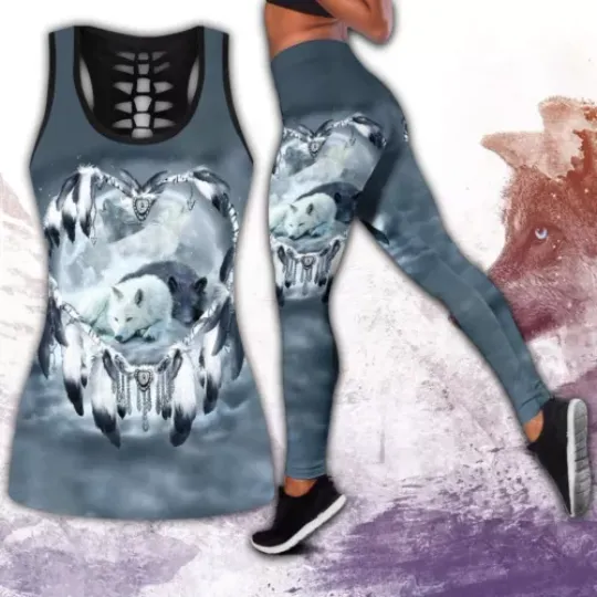 Black And White Wolf Native American Hollow Tanktop Leggings Sets
