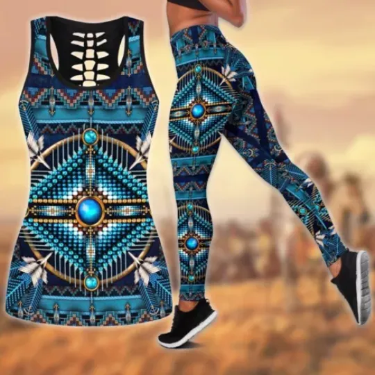 Beadwork Pattern Native American Hollow Tanktop Leggings Sets
