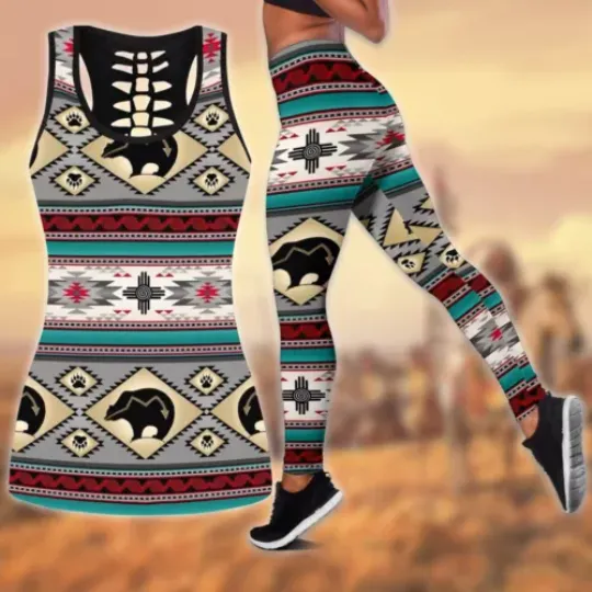 Bear Pattern Native American Hollow Tanktop Leggings Sets