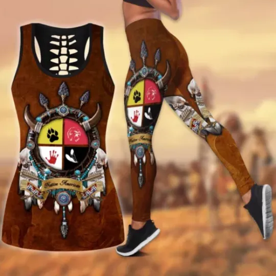Ancient Vestiges Native American Hollow Tanktop Leggings Sets