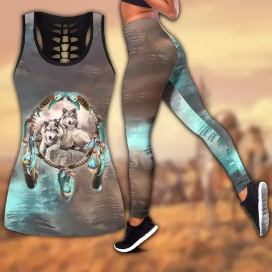 Beautifull Wolf Native American Hollow Tank top and Legging Sets