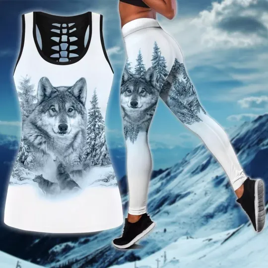 Beautiful White Wolf Native America 3D Hollow Tank top and Legging Sets