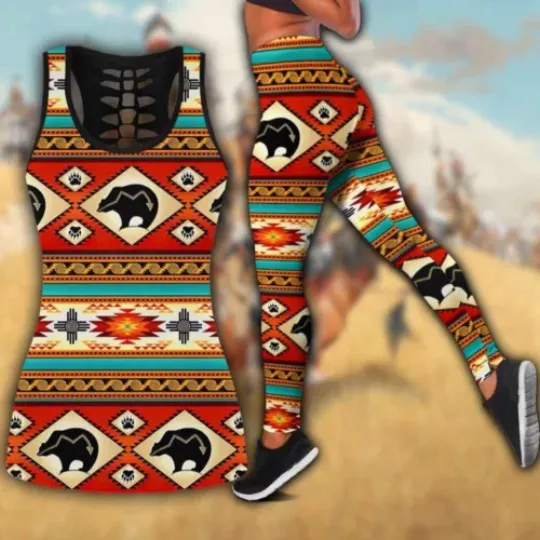 Bear Brocade Native American Hollow Tank top and Legging Sets