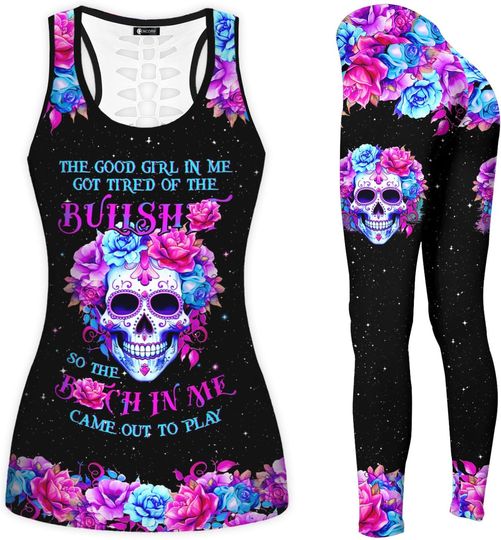Retro Skull Flower Hollow Tank top and Legging Sets