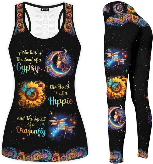 Gypsy Hippe Dragonfly Hollow Tank top and Legging Sets