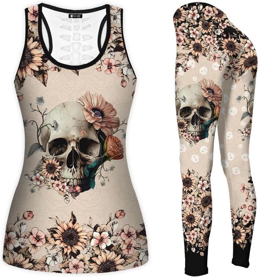 Retro Skull Flower Hollow Tank top and Legging Sets