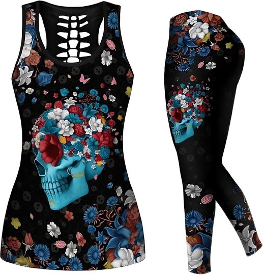 Women’s Sugar Skull Hollow Tank top and Legging Sets, Spring Hollow Tank top and Legging Sets