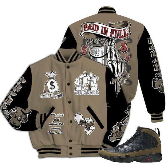 Olive 9s Varsity Jacket - Paid In Full Baseball Varsity Jacket