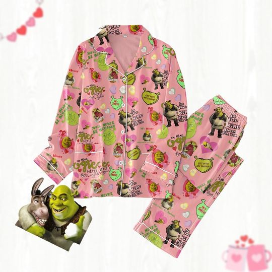 Valentine Shrek Pajamas Set, Cartoon Movie Holiday Women Pajamas, Funny Holiday Pajamas, Cute Pajamas For Party, Gift For Girlfriend