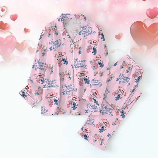 Stitch And Angel Pajamas Set, Ohana Means Family Tee, Cartoon Movie Women Pajamas, Midnight Shirt, Disney Trip Shirt, Birthday Gift