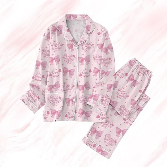 Pink Coquette Bow Pajamas Set, Happy Valentine Pajamas Women, Better Together Pink Pajamas, Valentine Gift, Pink Bow Pajamas For Her