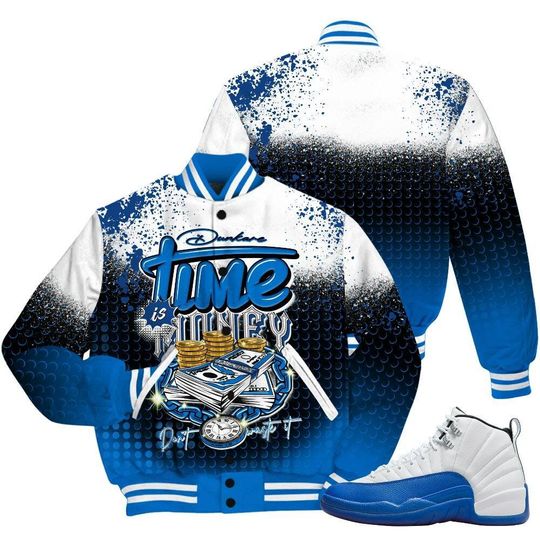 Dunkare Blueberry 12s Shirt, Halftone Time Is Money All Over Print Baseball Varsity Jacket
