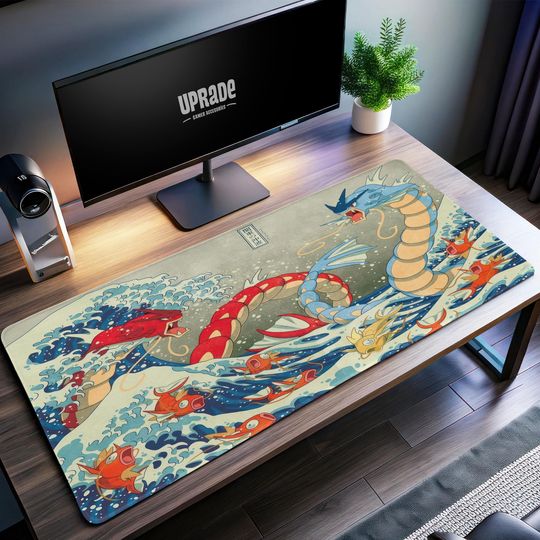 Gyarados vs Magikarp poket mons Wave Desk Mat - Traditional Japanese Art Style, Ideal for Gaming and Anime Fans