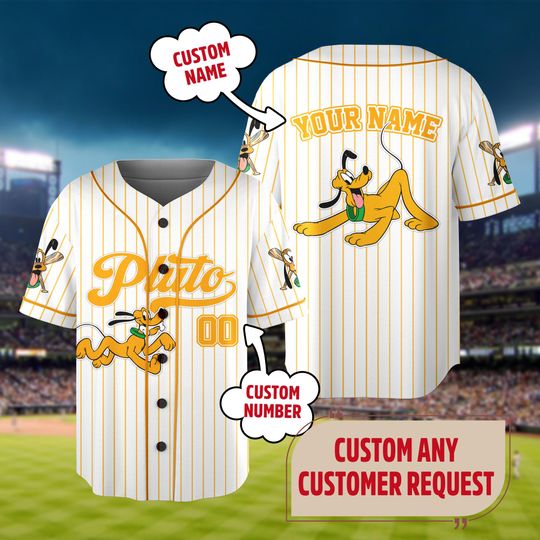 Custom Disney Pluto Yellow Baseball Jersey, Disneyland Mickey and Friends Baseball Jersey