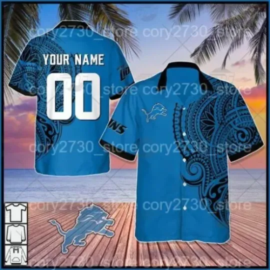 Custom Detroit Football Team Lionss Hawaiian Button Down Shirt Unisex Adults