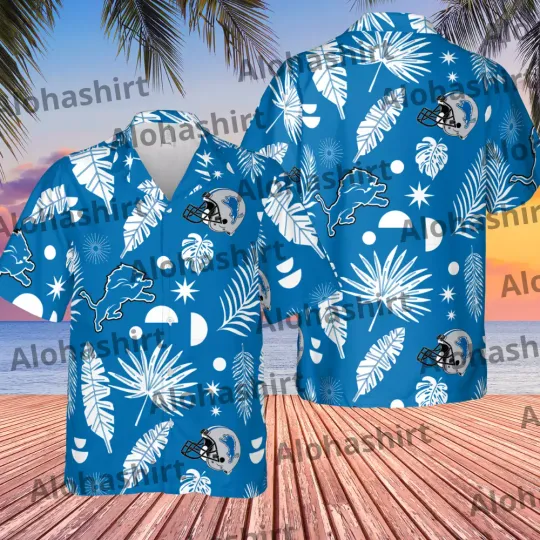 Detroit Team Lions Hawaiian Shirt, helmet graphics, white tropical leaves