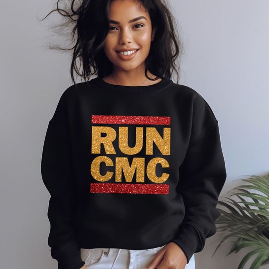 Run CMC Sweatshirt, Christian McCaffrey Sweatshirts, Glitter Football Shirts, San Francisco 49ers Sweatshirts, Glitter McCaffrey Shirts