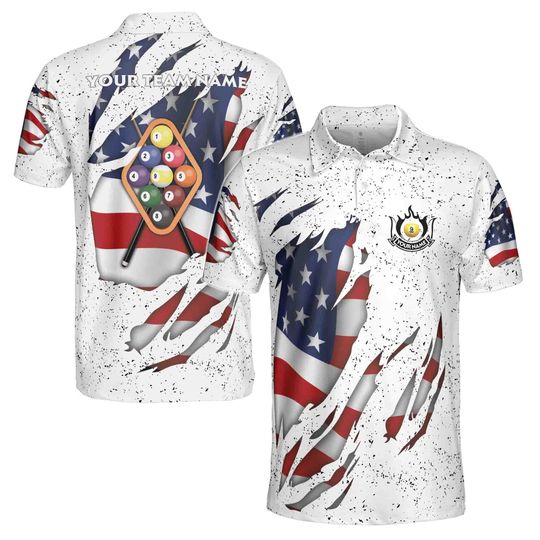 Custom Billiard 9 Ball Pool White Men Shirts, Billiard Team Polo Shirt