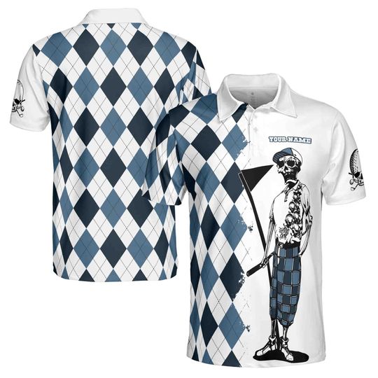 Funny Custom Name Blue Argyle Skeleton Skull Golf Men's Polo Shirt