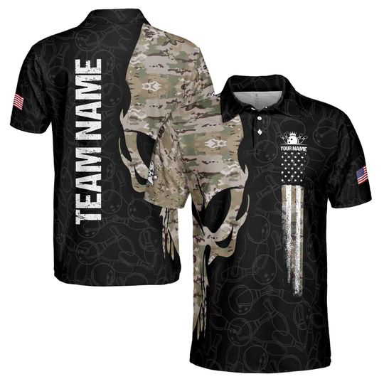 Funny Custom Name Team Name Skull Bowling Camo Men's Polo Shirt