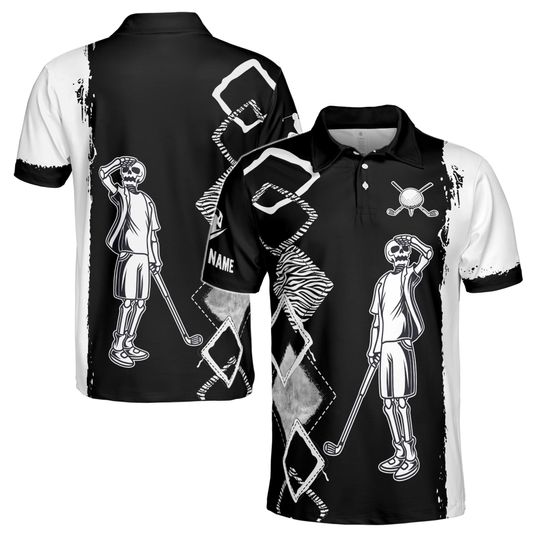 Custom Name Golf Skull Golfer Zebra Argyle Pattern Men's Polo