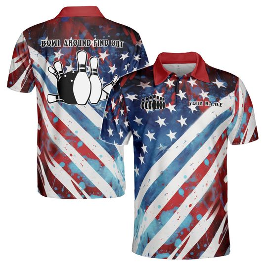 Custom Name Bowling Bowl Around Find Out American Flag Colors Men's Polo