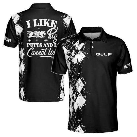 Custom Name Golf I Like Big Putts Cannot Lie Black Argyle Men's Polo