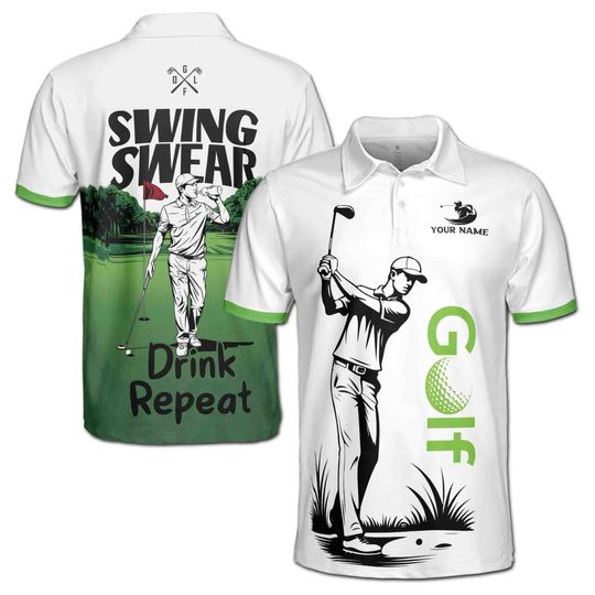 Custom Name Golf Player Swing Swear Drink Repeat Men's Polo