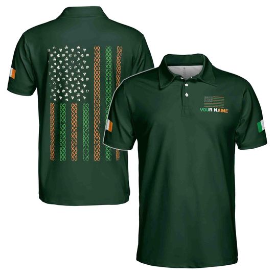 Custom Name Irish American Flag Shamrock St. Patrick's Day Golf Men's Polo Shirt