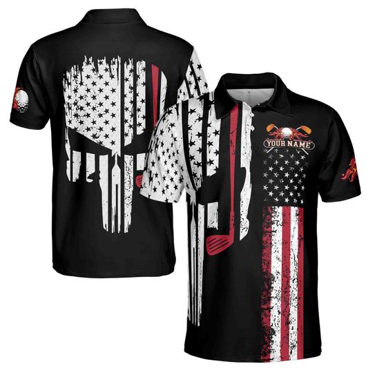 Customize Name Retro Patriotic American Skull Golfer Gift Golf 3D Polo Shirt