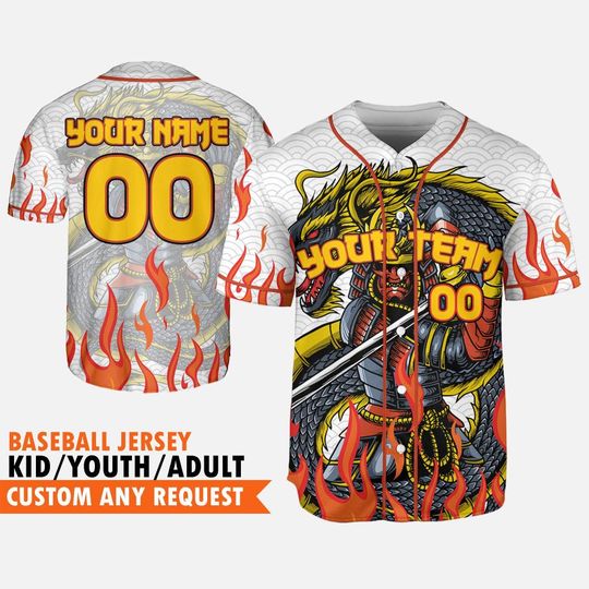 Personalize Samurai Holding Katana With Dragon Awesome White Baseball Jersey, Dragon Jersey Team, Custom Name Japanese Samurai Jersey Gift
