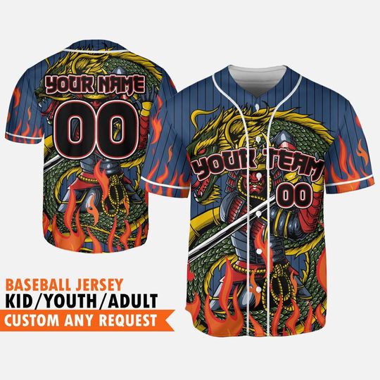 Personalize Striped Samurai Holding Katana With Dragon Navy Baseball Jersey, Dragon Jersey Team, Custom Name Japanese Samurai Jersey Gift