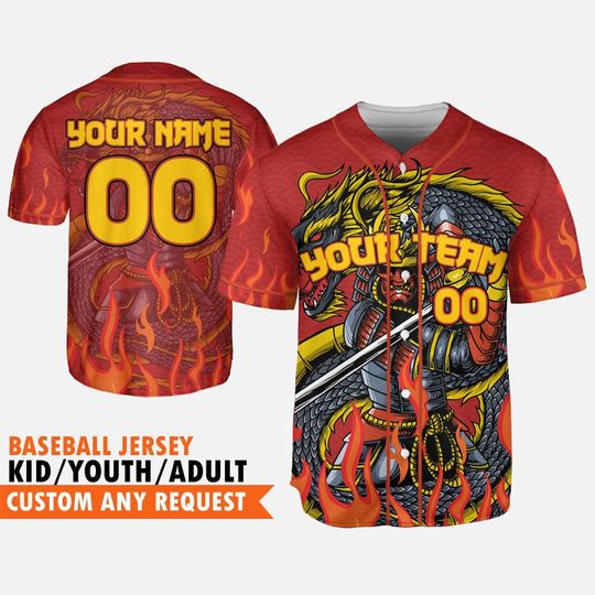 Personalize Samurai Holding Katana With Dragon Awesome Red Baseball Jersey, Dragon Jersey Team, Custom Name Japanese Samurai Jersey Gift
