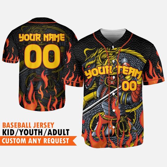 Personalize Samurai Holding Katana With Dragon Awesome Black Baseball Jersey, Dragon Jersey Team, Custom Name Japanese Samurai Jersey