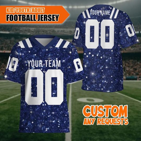 Customized Fraud Glitter Football Jersey Blue American Football, Custom Bridesmaid Blue Glitter Jersey Shirt, Glitter Bling Shirt