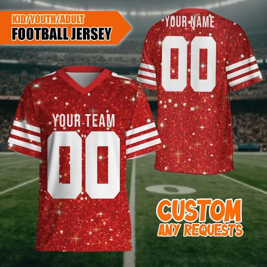 Customized Fraud Glitter Football Jersey Red American Football, Custom Bridesmaid Red Glitter Jersey Shirt, Glitter Bling Shirt
