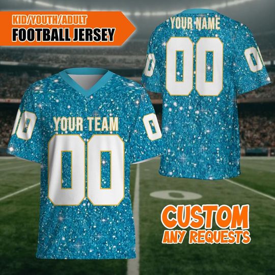 Customized Fraud Glitter Football Jersey Blue American Football, Custom Bridesmaid Blue Glitter Jersey Shirt, Glitter Bling Shirt