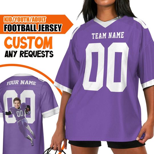 Custom Face Simple Color Purple Football Jersey, Personalized Big Head Footall, Blokette Core Jersey, Custom Number and Text Jersey