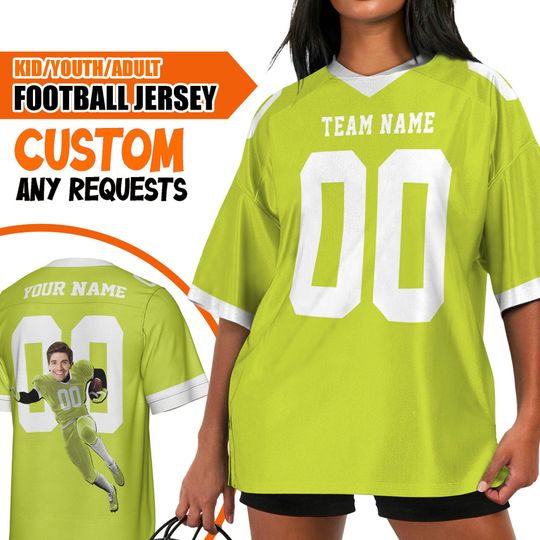 Custom Face Simple Color Lime Green Football Jersey, Personalized Big Head Footall, Blokette Core Jersey, Number and Text Jersey gift