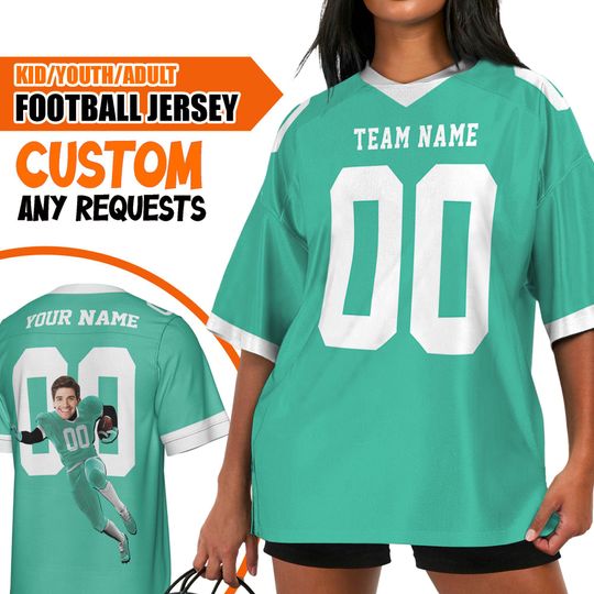 Custom Face Simple Color Turquoise Football Jersey, Personalized Big Head Footall, Blokette Core Jersey, Number and Text Jersey gift