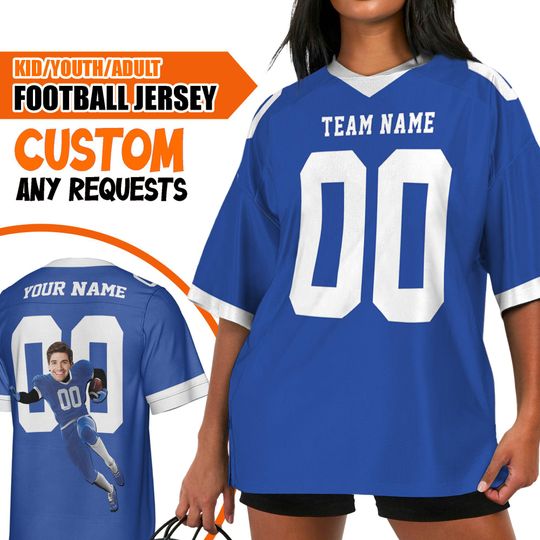 Custom Face Simple Color Navy Football Jersey, Personalized Big Head Footall, Blokette Core Jersey, Custom Number and Text Jersey gift